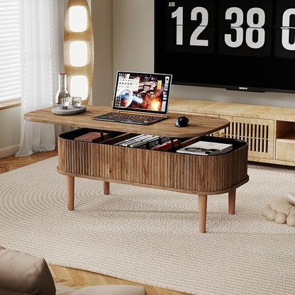 Fluted Lift Top Coffee Table with Hidden Storage, Oval Coffee Table with Lifting Top, Mid Century Modern Design for Living Room, Office & Small Spaces, Walnut