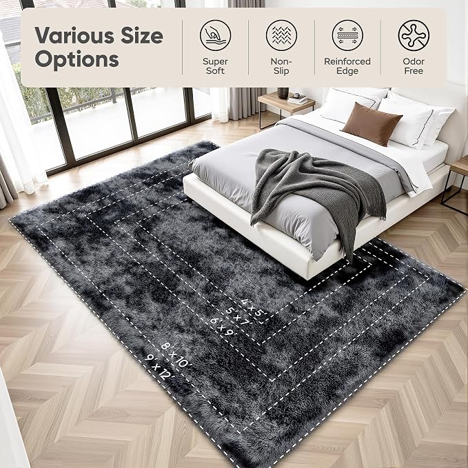 Area Rug for Living Room Bedroom:6x9 Black Grey Soft Fluffy Shag Upgrade Non-Slip High Pile Carpet Large Fuzzy Plush Indoor Floor Decor Shaggy Rug for Kid Boys Girls Playroom Nursery Modern Home