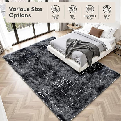 Area Rug for Living Room Bedroom:6x9 Black Grey Soft Fluffy Shag Upgrade Non-Slip High Pile Carpet Large Fuzzy Plush Indoor Floor Decor Shaggy Rug for Kid Boys Girls Playroom Nursery Modern Home