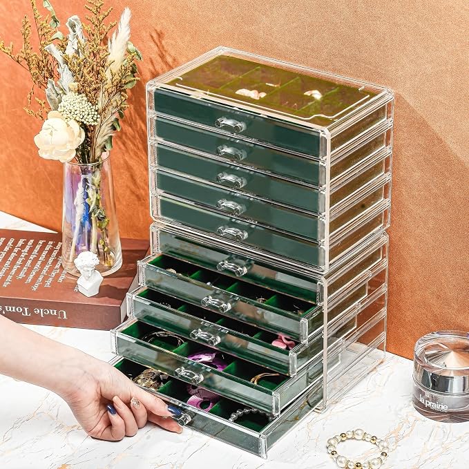 ProCase Earring Holder Organizer Jewelry Box with 10 Drawers, Acrylic Clear Earring Case with Adjustable Velvet Trays for Women - Emerald,10 Layers