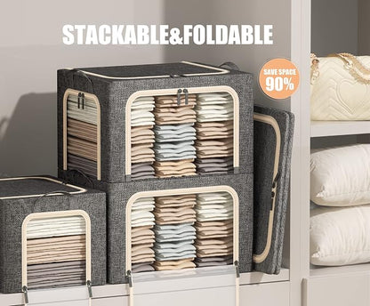 3 Openings Clothes Storage Bins with Metal Frame, Foldable Storage Bin for Clothes, Clothing Storage Bins with Lid, Linen Storage Box With Clear Window＆ Zippers＆ Durable Handles.(3 Pcs,Dark Grey,40L)