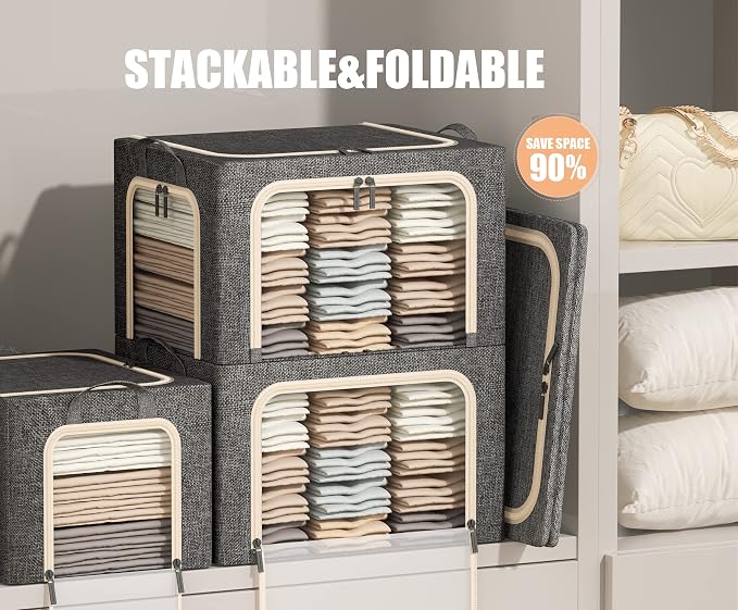 3 Opeings Large Clothes Storage Bins with Metal Frame, Foldable Storage Bin for Clothes, Clothing Storage Bins with Lid, Linen Storage Box With Clear Window＆ Zippers＆ Handles.(3 Pcs,Dark Grey,66L)