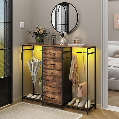 Dresser for Bedroom with Clothes Rack 5 Drawer Dresser with Charging Station LED Lights White Chest of Drawers Flexible Shelf and Open Storage Space for Bedroom Living Room (Brown)