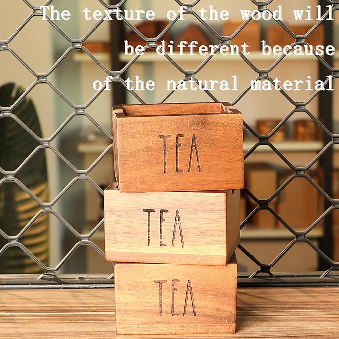 Acacia Sugar Packet Caddy for Coffee Bar, Farmhouse Wood Sugar Holder Packets , Sugar Packet Container, Small Tea Bag Organizer for Office Table,Hotel, Restaurant (Brown-Labeled "TEA")