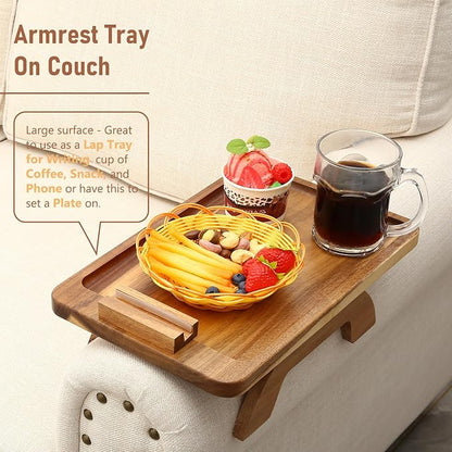SINWANT Couch Arm Tray, Acacia Wood Sofa Arm Rest Table Clip on Wide Armrest,Folding Anti Slip Couch Armrest Table with 360° Rotating Phone Holder for Snacks,Drinks,Remotes