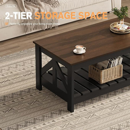 YESHOMY Farmhouse Coffee Table, Coffee Tables for Living Room, Farmhouse Square Coffee Table with Storage, Couch Table, Small Tables for Small Spaces, Brown and Black