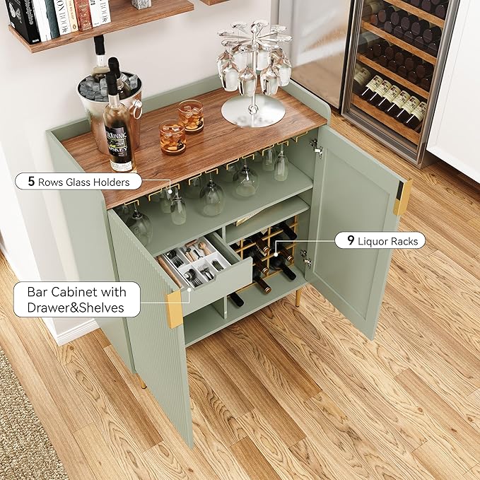 ARTPOWER Coffee Bar Cabinet with Wine Racks, Liquor Cabinet with Fluted Texture, Modern Sideboard Buffet Cabinet for Kitchen Dining Room, Living Room, Sage Green