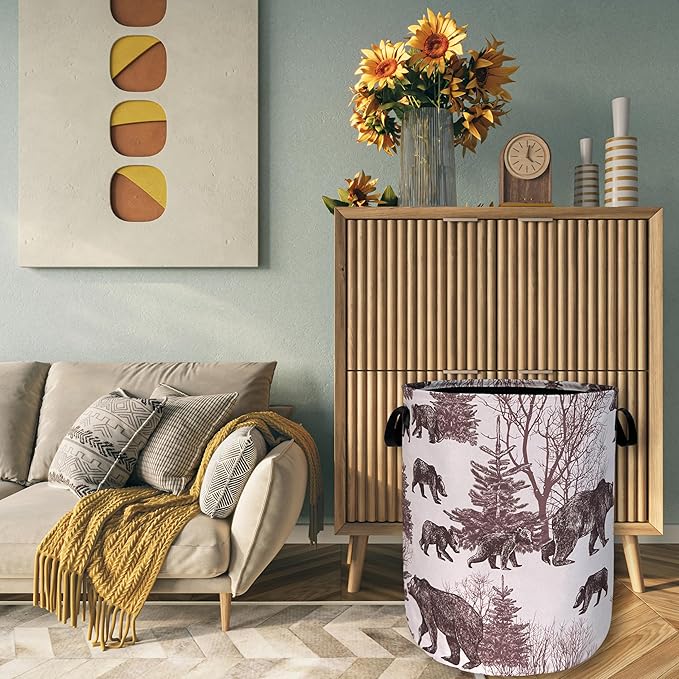 Forest Bear Laundry Hamper With Handles Foldable Oxford Cloth Retro Animals Tote Bag Bears Funny Laundry Basket Clothes Toy Storage Bucket 18.9" x 16.5" For Bathroom/Laundry/Bedroom