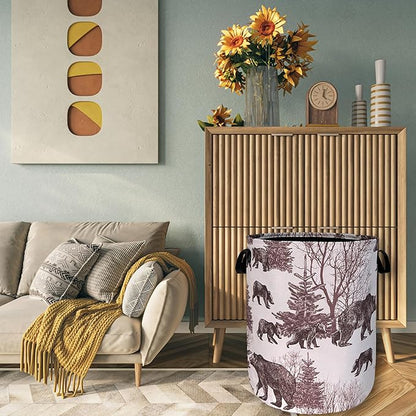 Forest Bear Laundry Hamper With Handles Foldable Oxford Cloth Retro Animals Tote Bag Bears Funny Laundry Basket Clothes Toy Storage Bucket 18.9" x 16.5" For Bathroom/Laundry/Bedroom