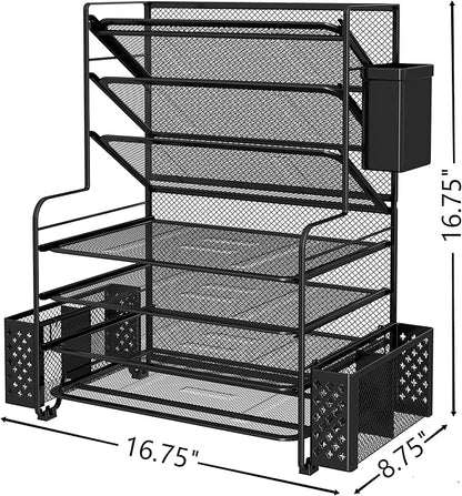 Simple Trending 7 Tier Desk File Organizer, Letter Tray Paper Organizer with Pen Holder and Metal Hanging Basket, Black