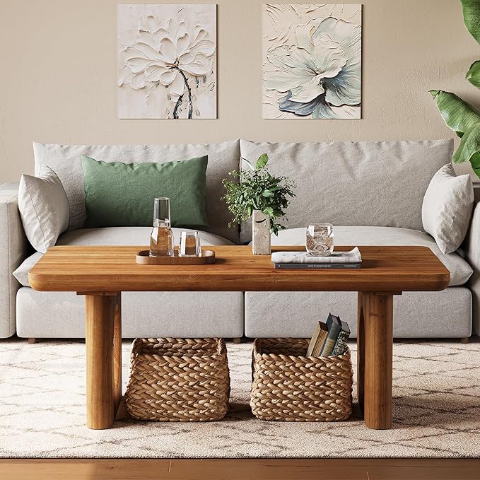 LITTLE TREE Solid Wood Coffee Table, Modern Farmhouse Coffee Table with Thick Tabletop, Rectangle Center Table for Living Room, Home Office, Bedroom, Brown