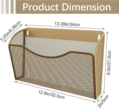 EasyPAG Wall File Organizer 3 Pack, Hanging File Organizer Wall Mount, Metal Mesh Folder Holder for Letter/A4 Papers, Mail Sorter for Office, Classroom, Home, Gold