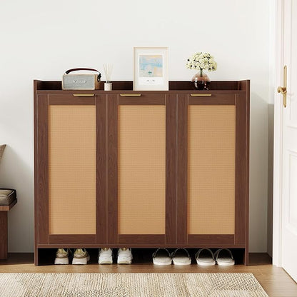 Shoe Cabinet, 41" Tall Rattan Shoe Storage Organizer Cabinet, Adjustable Shelves, 6-Tier Farmhouse Boho Wooden Storage Cabinet for Entryway Hallway Closet Bedroom,Walnut