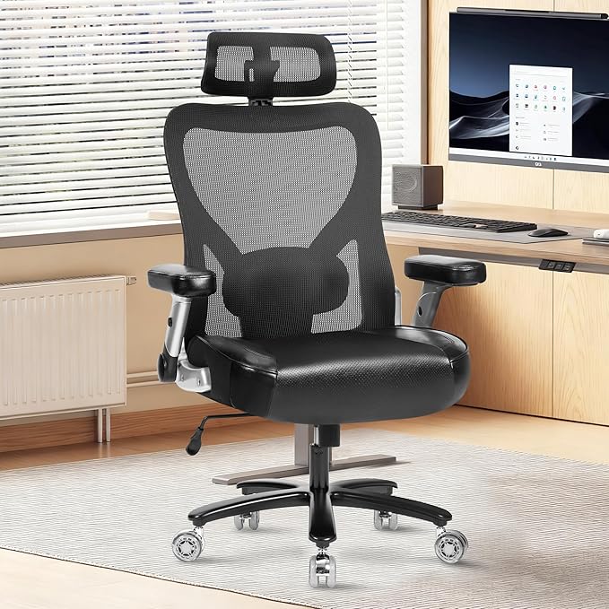 Big and Tall Office Chair 700lbs- Heavy Duty Executive Computer Chair with Rubber Wheels 3D Flip Arms, Ergonomic Mesh High Back Desk Chair, Extra Wide Seat Adjustable Lumbar Support & Headrest