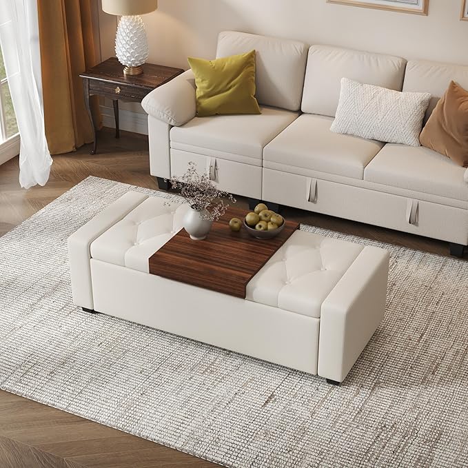 Storage Ottoman Bench with Tray,47" Ottoman with Storage for Living Room, Rectangular Bench with Cushion and Safety Hinge for Bedroom,Holds up to 400 lb,Beige