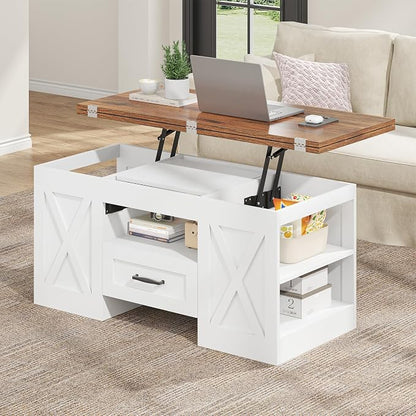 kepptory 39.4'' Lift Top Coffee Table with Storage, 4 in 1 Multi-Function Convertible Coffee Tables for Living Room, Farmhouse Coffee Table with Open Storage Compartment & Drawers (Brown&White)