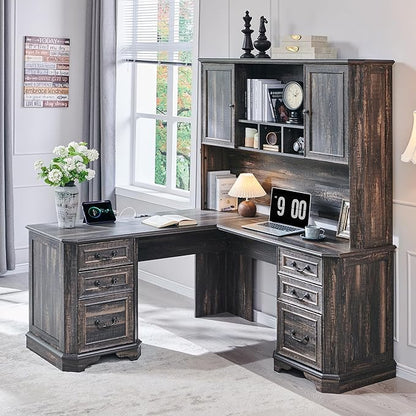T4TREAM 59" Farmhouse Wood Desk Hutch with Ample Storage, Only Match VSC Series Farmhouse Desk (Dark Rustic Oak)