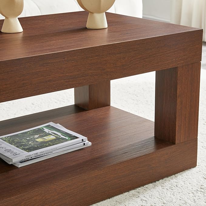LKTART 39.37" Coffee Table with Storage, 2-Tier Mid Century Rectangular Accent Table with Thick Tabletop, Rustic Style Cocktail, Center Table for Living Room, Office, Apartment (Dark Walnut)