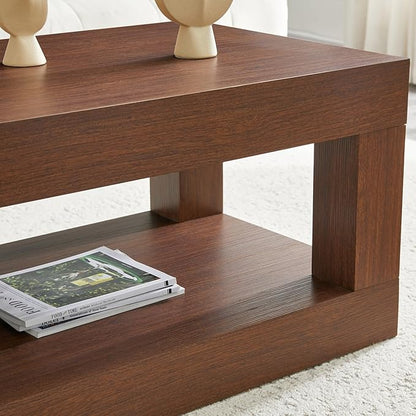 LKTART 39.37" Coffee Table with Storage, 2-Tier Mid Century Rectangular Accent Table with Thick Tabletop, Rustic Style Cocktail, Center Table for Living Room, Office, Apartment (Dark Walnut)