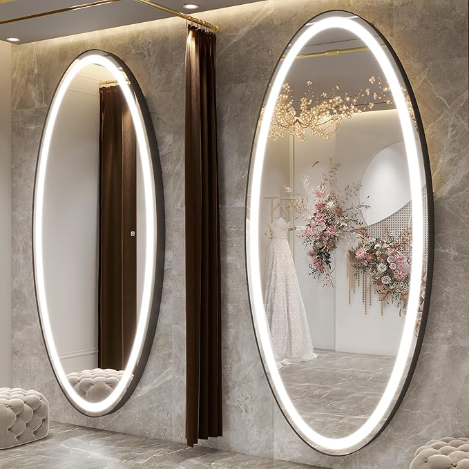 FENNIO 70" x 36" Large Wall Mounted Mirror with LED Lights, Oval Full Length LED Lighted Full Body Dressing Mirror for Bedroom, Salon, Brushed Aluminum Frame, Tempered Glass