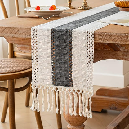 FEXIA Boho Table Runner for Summer Home Decor with Tassels 90 Inches Long Farmhouse Grey Rustic Burlap Table Runner Macrame Table Decoration for Kitchen Bedroom Living Room (12x90 Inches)