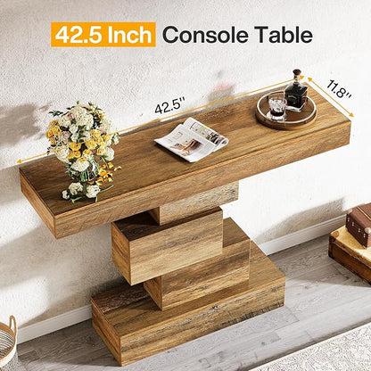 Tribesigns 42.5" Farmhouse Console Table, Narrow Wood Sofa Table Behind Couch with Geometric Base, Industrial Entryway Accent Table for Living Room, Hallway, Entrance (Light Brown)