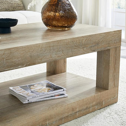 LKTART 39.37" Coffee Table with Storage, 2-Tier Mid Century Rectangular Accent Table with Thick Tabletop, Rustic Style Cocktail, Center Table for Living Room, Office, Apartment (Antique Natural)