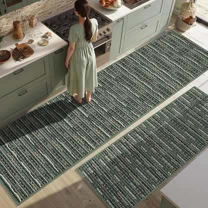 Kitchen Rugs Sets of 2-Non Slip Kitchen Mats for Floor-Thick Stain Resistant Vintage Kitchen Floor Mat Runner Carpet for Hallways Entryway Laundry Room Washable（Green 24"x79"+20"x47"）