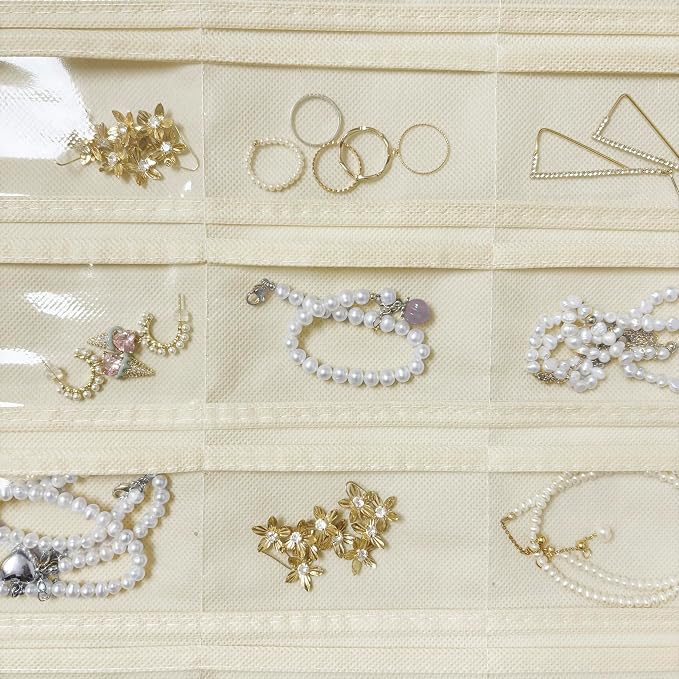 1 Pack Hanging Jewelry Organizer 80-Pocket Dual-sided Jewelry Storage for Earring Necklace Bracelet Ring Travel Holder, Beige