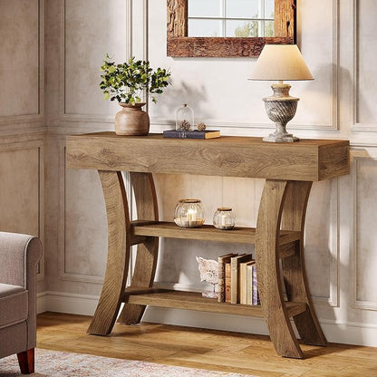 Tribesigns 41" Small Console Table for Entryway, 3-Tier Narrow Rustic Sofa Table with Storage Shelves and Curved Frame for Living Room, Entry, Hallway, Foyer (Oak Brown)