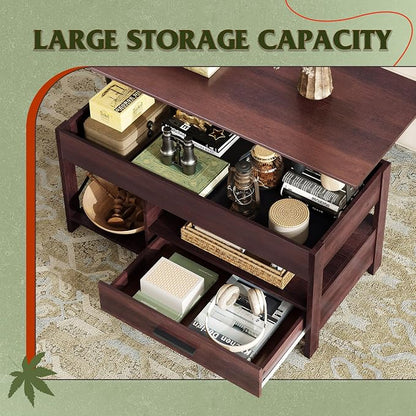 WLIVE Coffee Table, 39" Lift Top Coffee Table with Hidden Compartment, Storage Drawers and Storage Shelf for Living Room, Reception Room, Espresso