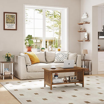 YOSHOOT 39.4" Farmhouse Coffee Table, Small Coffee Tables for Living Room | Rerto Wood, 2 Tier Coffee Table with Storage, Tea Table for Living Room Bedroom Small Space