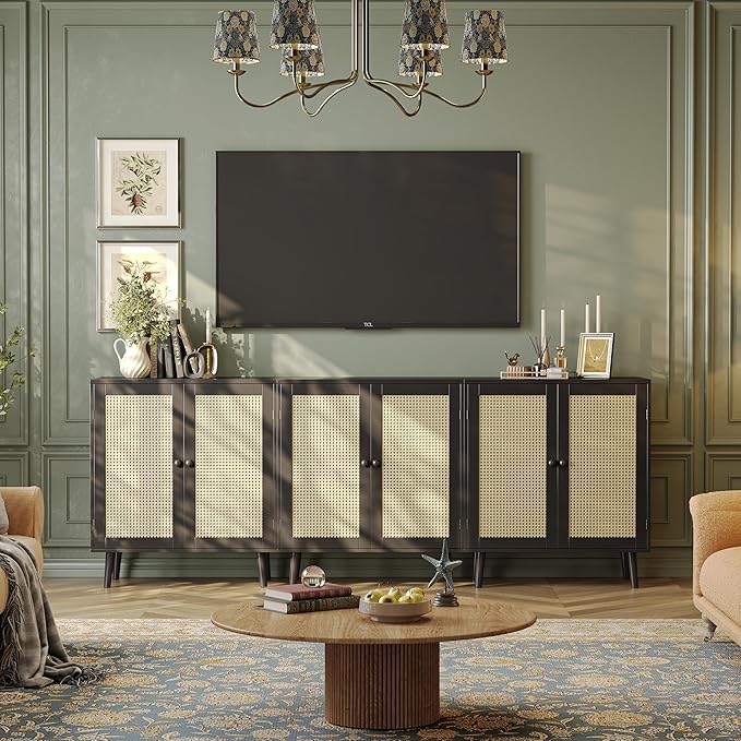 Huuger Buffet Cabinet with Storage, Storage Cabinet with Synthetic Rattan Decor Doors, Solid Wood Feet, for Hallway, Entry, Living Room, Black