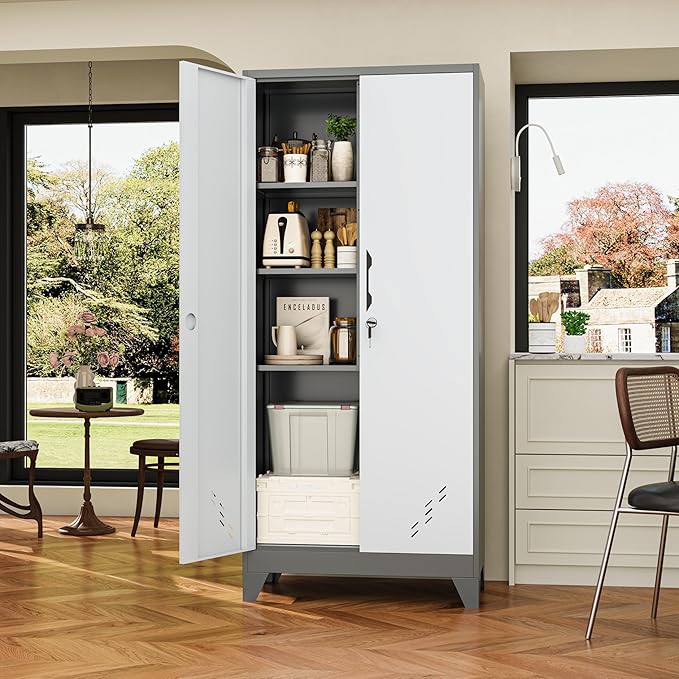 Storage Cabinet 61" H, Locking Cabinet with Doors and Shelves, Metal Pantry Cabinets for Tool Organization,Gray White Cabinet with Removable Pegboard for Garage,Utility Room,Office