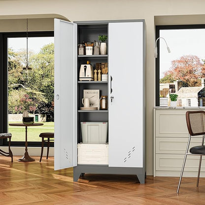 Storage Cabinet 61" H, Locking Cabinet with Doors and Shelves, Metal Pantry Cabinets for Tool Organization,Gray White Cabinet with Removable Pegboard for Garage,Utility Room,Office