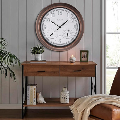 CLXEAST 18 Inch Illuminated Outdoor Indoor Atomic Analog Wall Clock with Temperature & Humidity, Lighted Outdoor Clocks for Patio Large Waterproof with Thermometer,Bronze Finish,House Warming Gifts