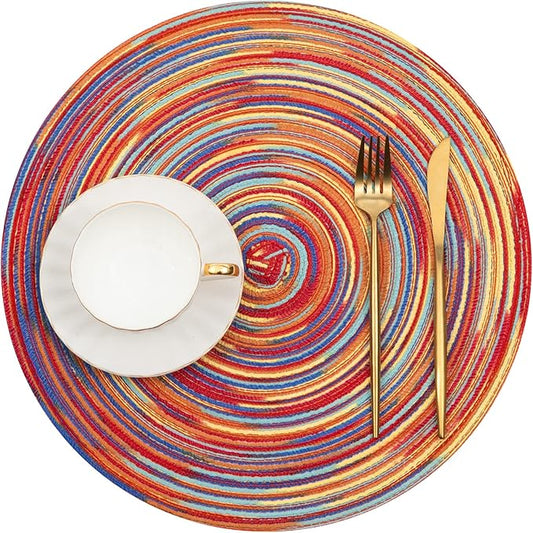 SHACOS Round Braided Placemats Set of 4 Variegated Colorful Placemats for Dining Tables Holiday Party Decor (Rainbow Red, 4)