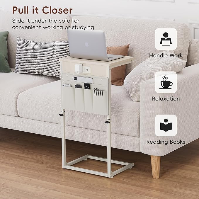 Vagusicc C Shaped End Table with Charging Station, 33" Tall Side Table for Couch, C Table Adjustable Height Small Couch Side Table, Slide Under Sofa Table TV Tray Arm Table for Living Room, Cream