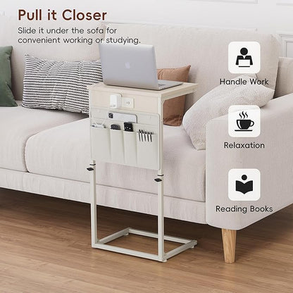 Vagusicc C Shaped End Table with Charging Station, 33" Tall Side Table for Couch, C Table Adjustable Height Small Couch Side Table, Slide Under Sofa Table TV Tray Arm Table for Living Room, Cream