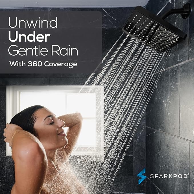 SparkPod Rain Shower Head, 8 Inch Square | High Pressure Shower Heads, 90 Nozzle (Touch-to-Clean), Adjustable Showerhead, No-tool Universal Connection