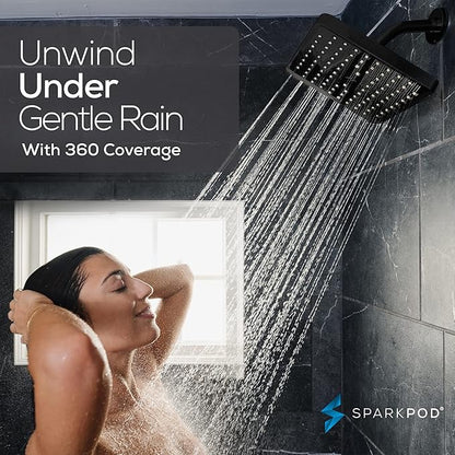 SparkPod Rain Shower Head, 8 Inch Square | High Pressure Shower Heads, 90 Nozzle (Touch-to-Clean), Adjustable Showerhead, No-tool Universal Connection
