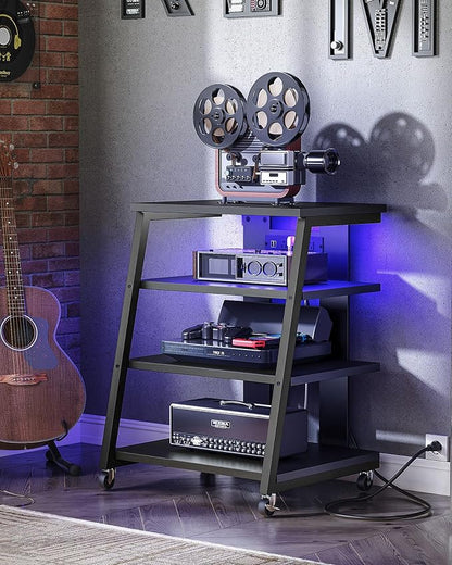 CHOEZON 4-Tier AV Media Stand with Wheels, Stereo Stands, Media Console Shelf with Power Strips, LED Lights, Wooden Audio Cabinet Rack Tower for Record Player/Apple TV/ps4, Black TCJ60UDBB