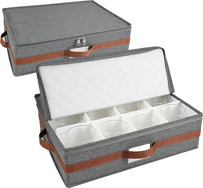 Mug storage box with divider, tea cup and coffee mug storage container with zipper cover and reinforced handle, hard shell, stackable, foldable (Grey red, 2 sets of mug storage Case)
