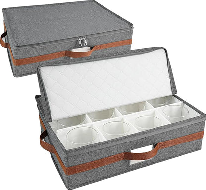 Mug storage box with divider, tea cup and coffee mug storage container with zipper cover and reinforced handle, hard shell, stackable, foldable (Grey red, 2 sets of mug storage Case)