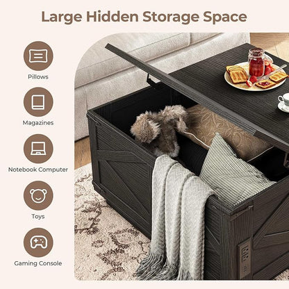 Jocoevol Farmhouse Lift Top Coffee Table, Square Wood Center Table with LED Lighting, USB-C Charging Station, and Hidden Storage Compartment - Rustic Black Living Room Furniture