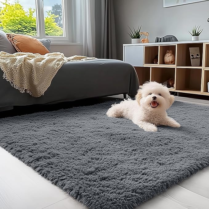OLANLY 4x7 Area Rugs for Living Room Bedroom, Machine Washable Soft Fluffy Shaggy Bedside Rug, Indoor Floor Carpet for Kids Girls and Boys, Dorms, Nursery Rooms, Home Decor Aesthetic, Grey