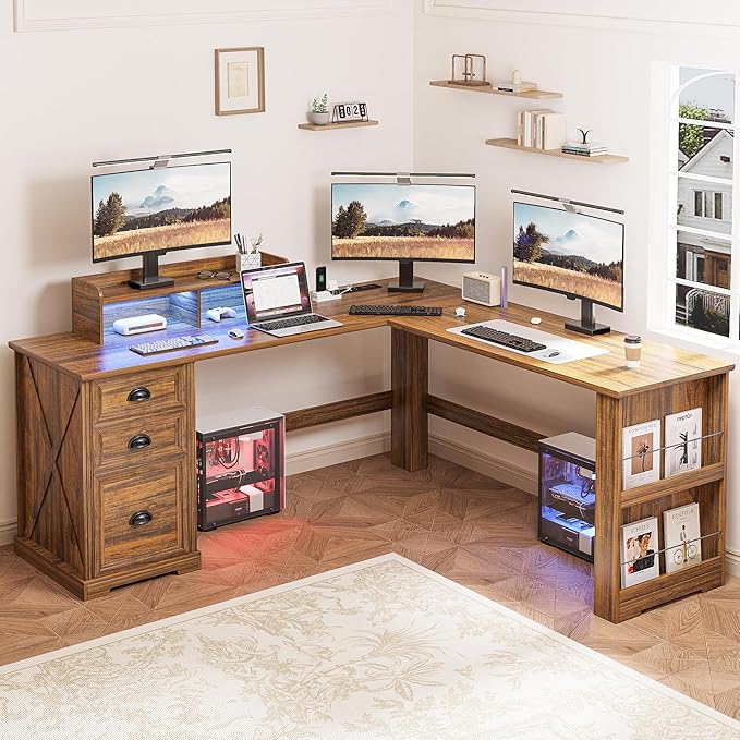 FREDEES L Shaped Desk with Movable Stand and Led Lights, 59 inch Farmhouse Home Office Desk with File Drawer, Corner Computer Desk with Power Outlets, Executive Desk for Working,Gaming, Walnut