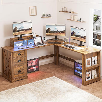 FREDEES L Shaped Desk with Movable Stand and Led Lights, 59 inch Farmhouse Home Office Desk with File Drawer, Corner Computer Desk with Power Outlets, Executive Desk for Working,Gaming, Walnut