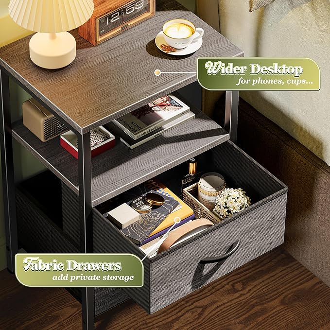 Huuger Night Stand Set of 2, Nightstand with 2 Drawers, Bed Side Table with Open Shelf, Wooden Top, End Table, Fabric Drawer, for Bedroom, Gery