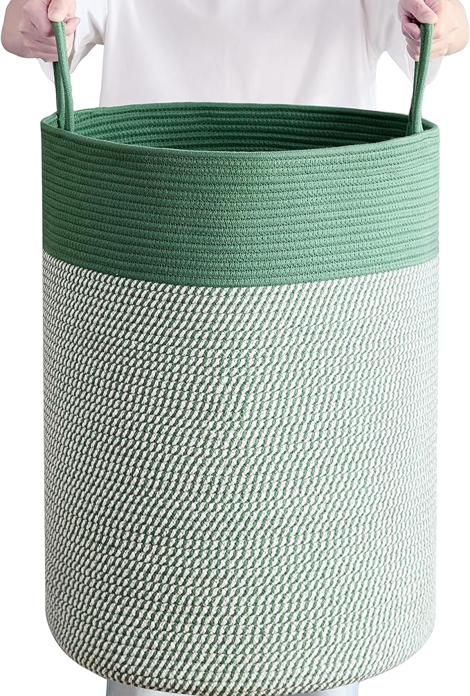 80L Extra Large Green Laundry Hamper Basket, Tall Woven Hamper for Bedroom, Cotton Rope Laundry Basket for Clothes, 16x22 Inches